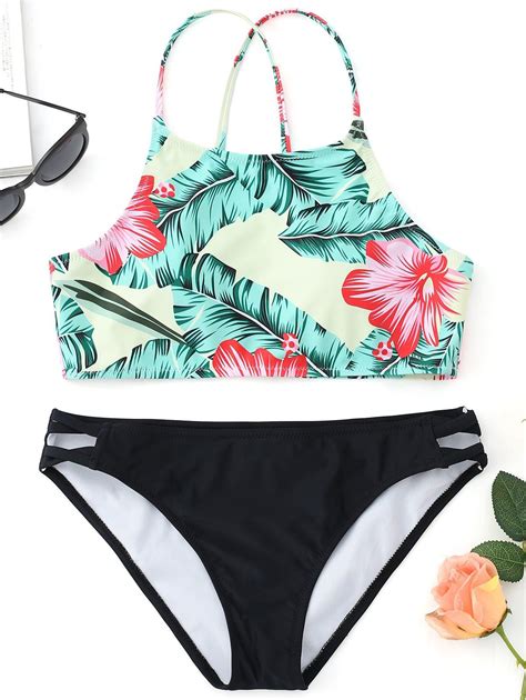 17 Off 2020 High Neck Leaf Print Bathing Suit In Black Dresslily