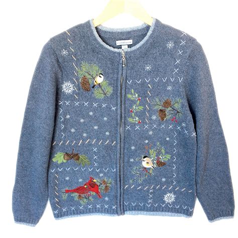 Winter Birds Blue Cardigan Tacky Ugly Christmas Sweater The Ugly