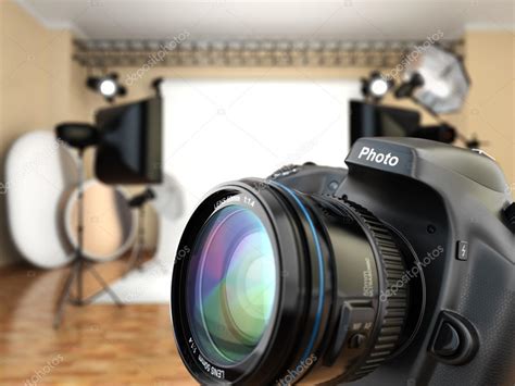 Dslr Camera In Photo Studio With Lighting Equipment Softbox And Stock