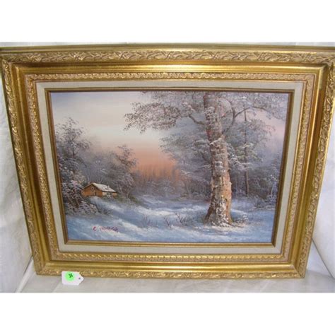 Nice Oil Painting On Canvas By C Inness Snowy Scene Cabin Frame Is 18x22