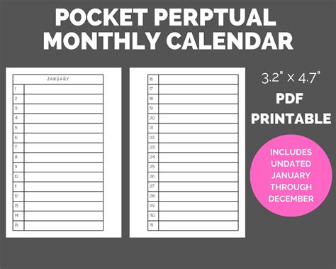 Pocket Rings Perpetual Monthly Calendar Printable Planner Insert Etsy