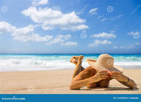 Woman Suntanning At The Beach In Greece Stock Image Image Of