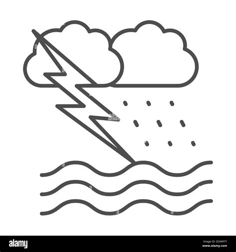 Tempête De Vent Docéan Avec La Pluie Et La Foudre Icône De Ligne Mince