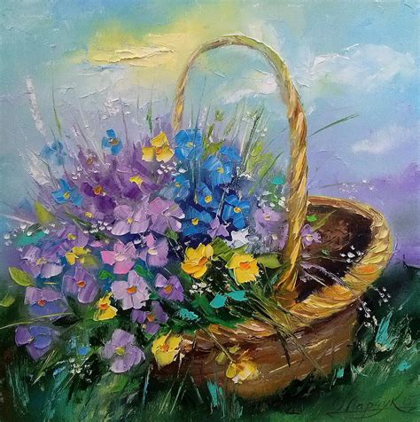 Bouquet Of Wild Flowers In A Basket Painting By Olha Darchuk