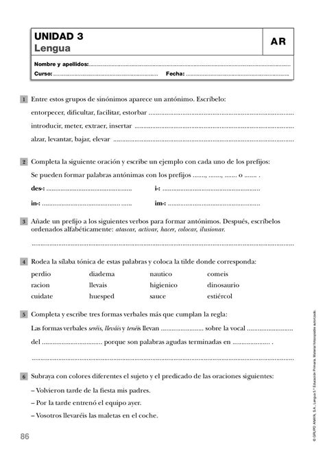 Lengua Quinto De Primaria Anaya Evaluaciones Palabras Llanas Lengua