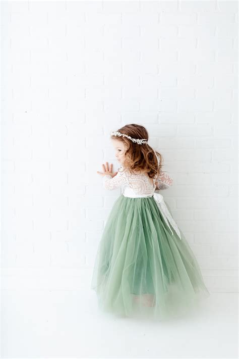 white lace flower girl dress dusty sage green long sleeve etsy uk