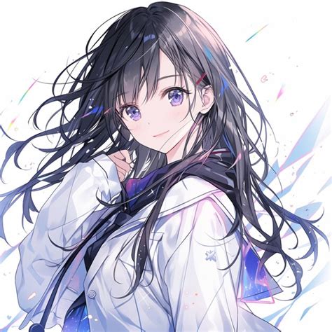 Chica De Anime Con Cabello Negro Largo Y Ojos Azules Con Una Camisa Blanca Generativa Ai Foto