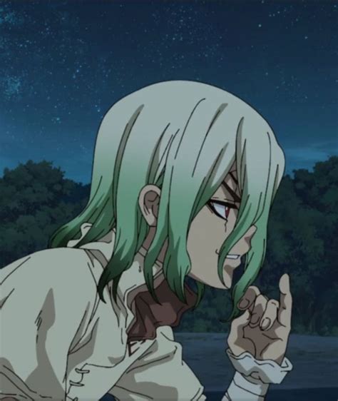 An Anime Character With Green Hair Pointing At Something