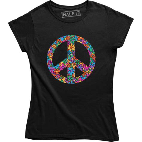 Peace Sign Symbol Colorful Flower Design Short Sleeve Womens T Shirt