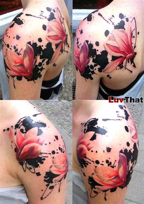 Beguiling watercolor thigh tattoo of lady with lion and wolf on either side for women. 25 Amazing Watercolor Tattoos - LuvThat