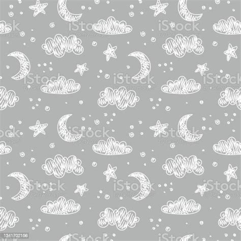 Seamless Pattern With Clouds Moons And Stars Stock Illustration