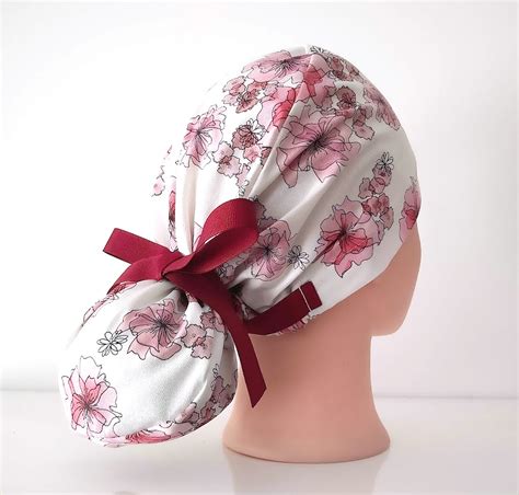 scrub cap with buttons and ponytail, surgery caps, surgical cap, flowers cotton sateen
