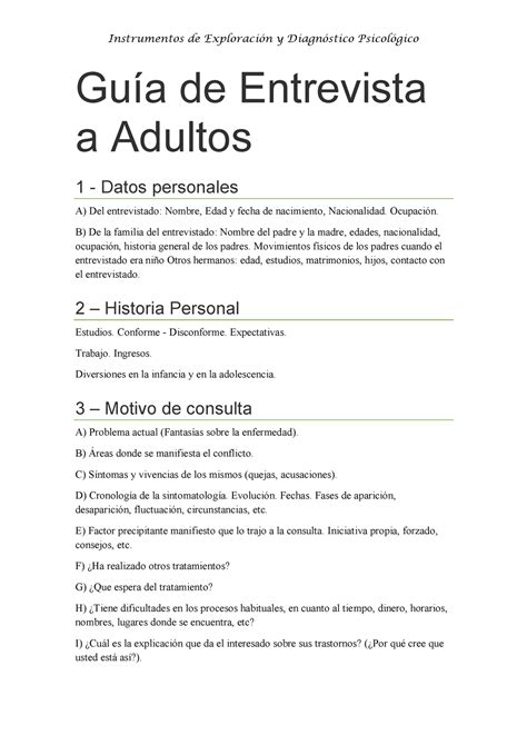 Guía Entrevista A Adultos Guía De Entrevista A Adultos 1 Datos