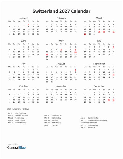 2027 Yearly Calendar Printable With Switzerland Holidays