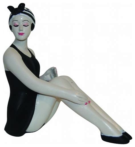 Retro Bathing Beauty Figurine Statue 1920s French Swim Suit Woman Black Dress Beach Style