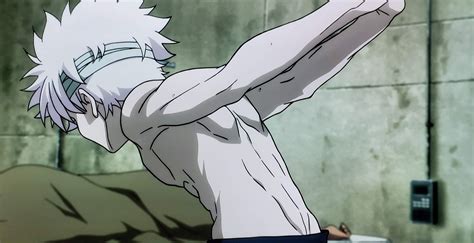 An Anime Character With White Hair And No Shirt On Holding His Arm Up
