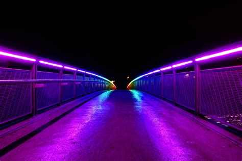 Purple Neon Light Bridge Lights Railings Hd Wallpaper Wallpaper Flare