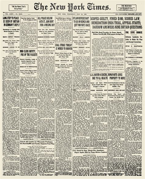 Scopes Trial 1925 Nfront Page Of The New York Times 22 July 1925