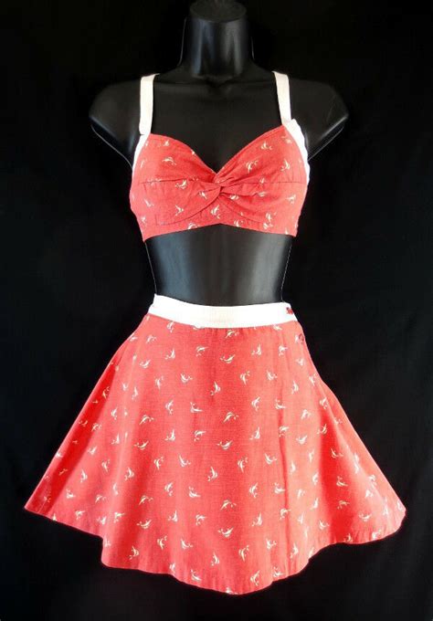 Vintage 50s Marlin Print Swimsuit Two Piece Skirted Pin