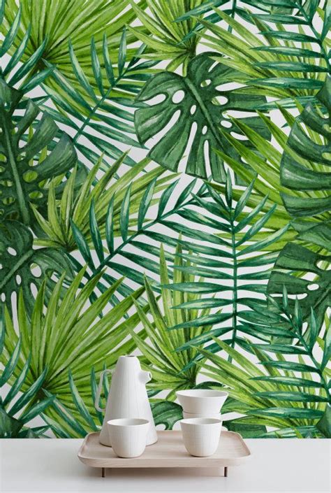 Watercolor Tropical Palm Leaves Wallpaper Tropical Removable Wallpaper