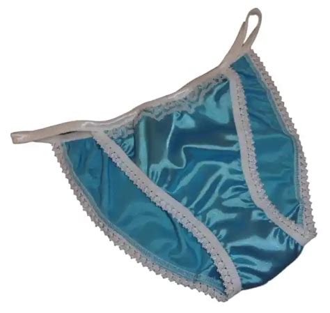 Aqua Blue Shiny Satin Panties Tanga String Bikini Ivory Lace Made In France 1399 Picclick