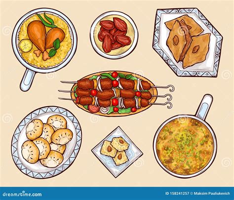 Oriental Cuisine Dishes Cartoon Vector Set Stock Vector Illustration