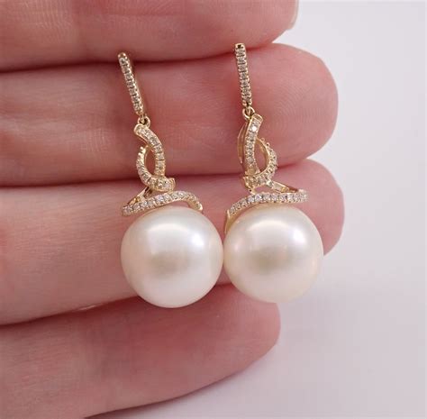 12 Mm Pearl And Diamond Dangle Drop Earrings 14K Yellow Gold June