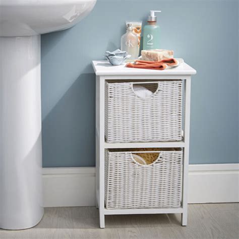 White Wood And Wicker Style Bathroom Drawer Unit 2 Drawer