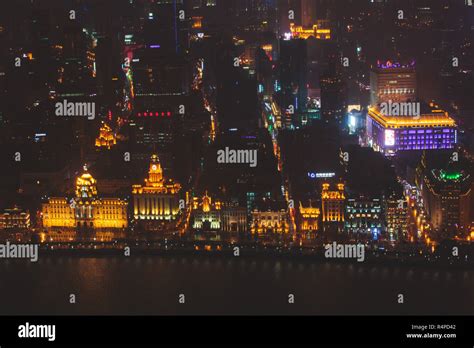 Beautiful Super Wide Angle Night Aerial View Of Shanghai China With