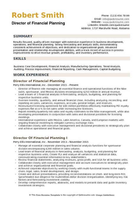 Job opportunities in finance often involve working with financial data and reporting on financial results. Director of Financial Planning Resume Samples | QwikResume