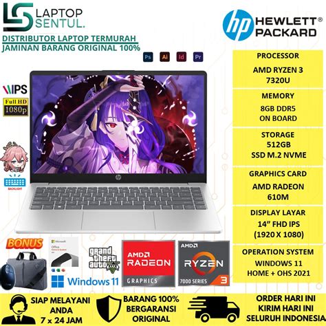 Jual Laptop Gaming Murah HP 14S EM0014AU AMD Ryzen 3 7320U 16GB DDR5
