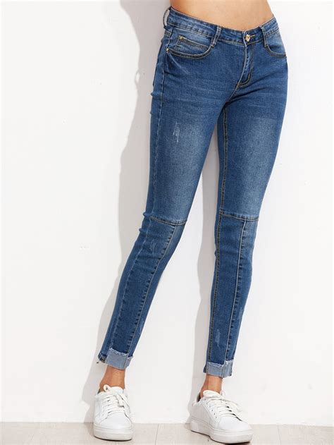 blue contrast trim skinny jeans shein sheinside