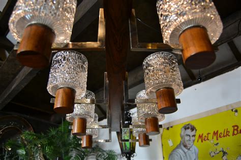 8 Armed Scandinavian Style Chandelier Of Wood Chrome And Glass Mid