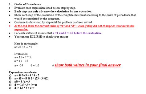 Solved 1 Order Of Precedence Evaluate Each Expression