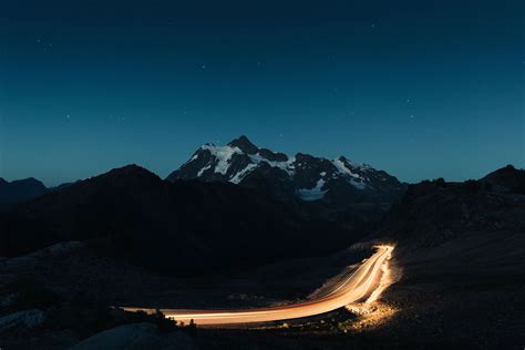 Snowy Mountain Mountains Road Long Exposure Light Trails Hd