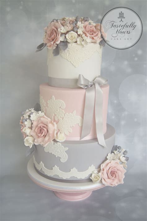 Wedding Cake With Lace In Pink White And Grey With Sugarflowers By