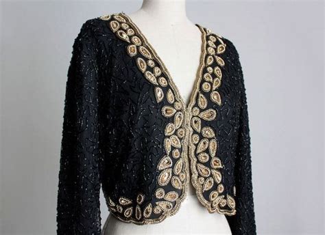 Silk Beaded Jacket 1980s Vintage Black And Gold Laurence Kazar Etsy