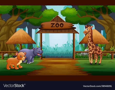 Zoo Entrance Gates Cartoon With Safari Animals Vector Image