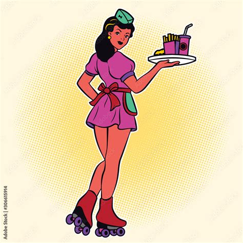 Retro Waitress On Roller Skates Drive In Waitress 50s Diner Waitress Stock Vector Adobe Stock