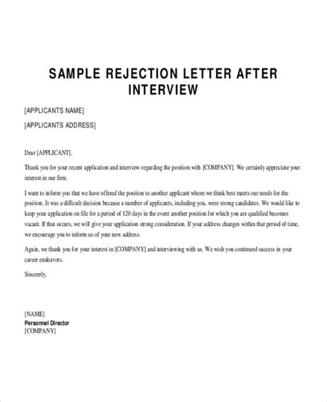 Free Sample Applicant Rejection Letter Templates In Pdf Ms Word