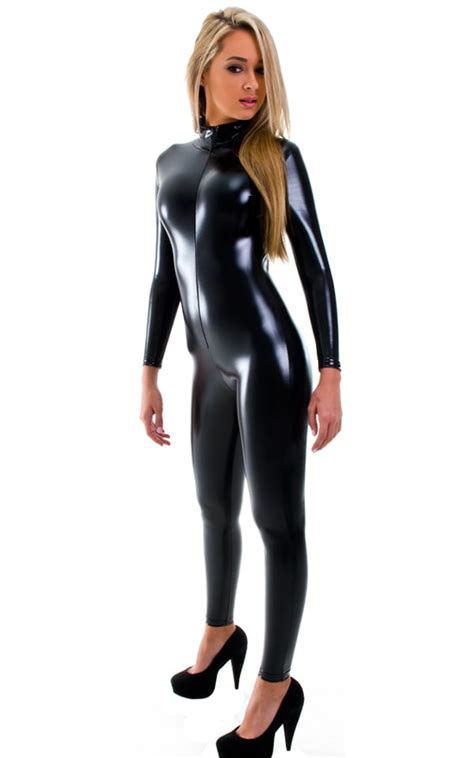 Front Zipper Catsuit Bodysuit For Women In Gloss Black Stretch Vinylnylonlycra