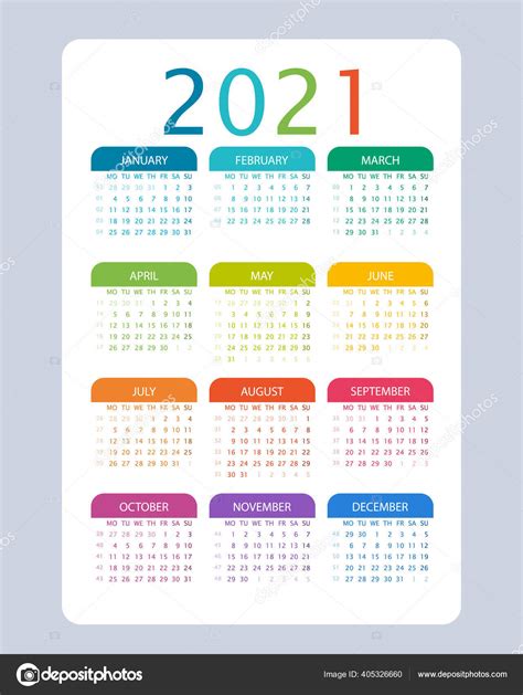 2021 Jaar Kalender Kleurrijke Vector Week Begint Maandag Weeknummers