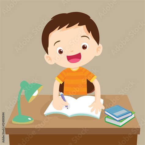 Cute Boy Writing And Thinking Be Happy Vector Illustration Of A