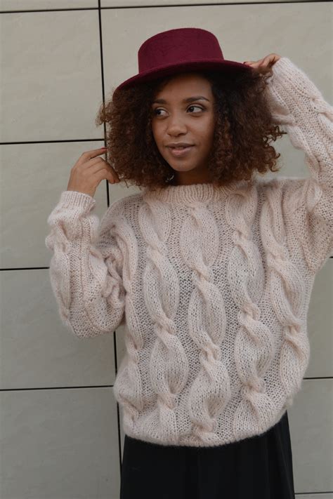 Cable Knit Mohair Sweater Hand Knit Beige Pullover Custom Etsy