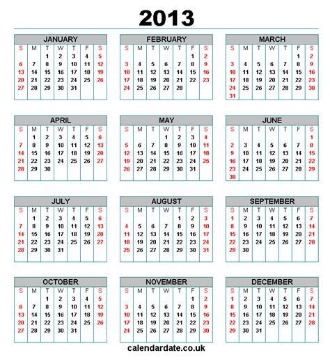 2012 2013 Printable Calendar Calendar Template 2016