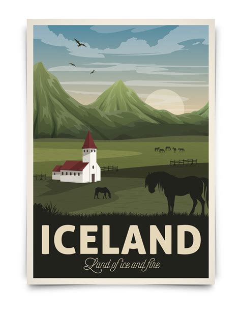 Iceland Vintage Travel Poster Iceland Travel Print Land Of Etsy