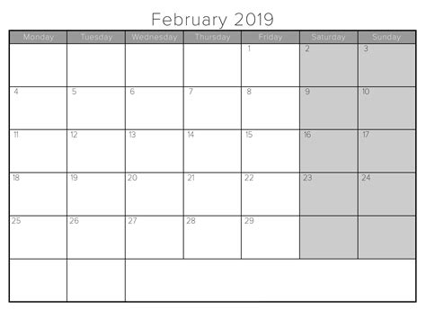 Fillable Monthly Calendar February 2019 Free Calendar Templates Qualads