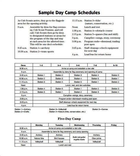Day Camp Schedule Template