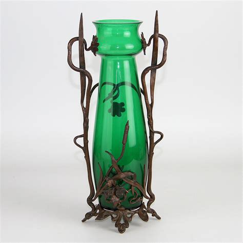 Austrian Art Nouveau Green Glass Vase In Bronze Mount C 1900