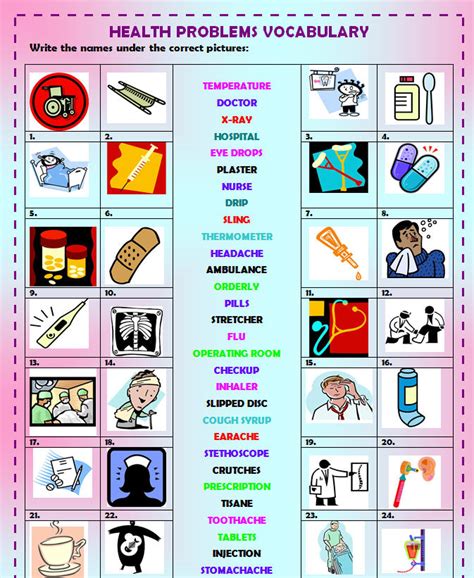illnesses vocabulary pdf health problems esl printable worksheets and gratis een kleurplaat